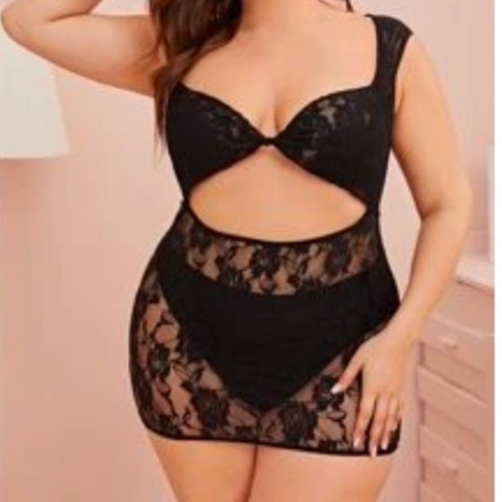 NEW•1X•Sugared + Bronzed Black Lace Sexy Slip Dress